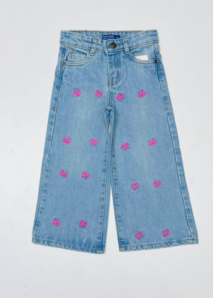UZ - Pink Bow Embroidered Wide-Leg Jeans for Girls LT Blue