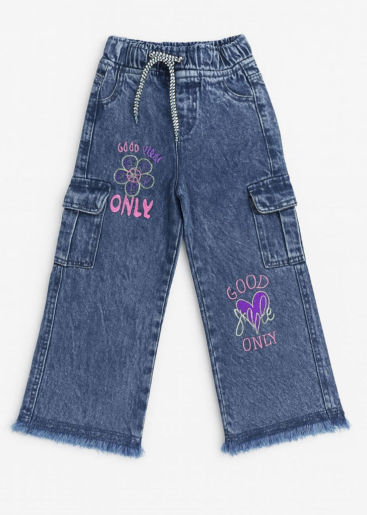 UZ- "Girls Dark Blue Cargo Denim with Good Vibes Embroidery  ( Imported and Original)