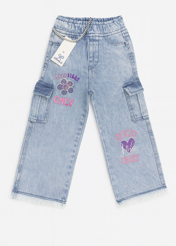UZ- Girls Light Blue Cargo Denim with Good Vibes Embroidery  ( Imported and Original)