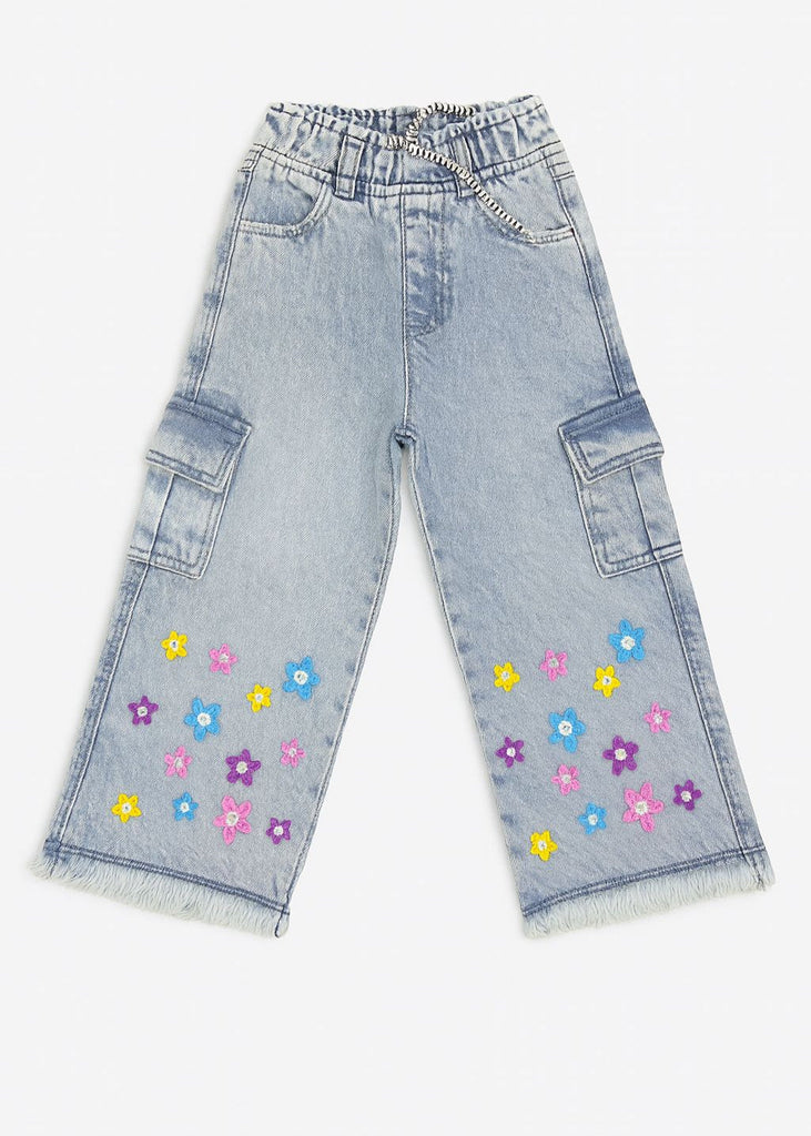UZ- Girls Light Blue Cargo Denim with Multicolor Floral Embroidery ( Imported and Original)