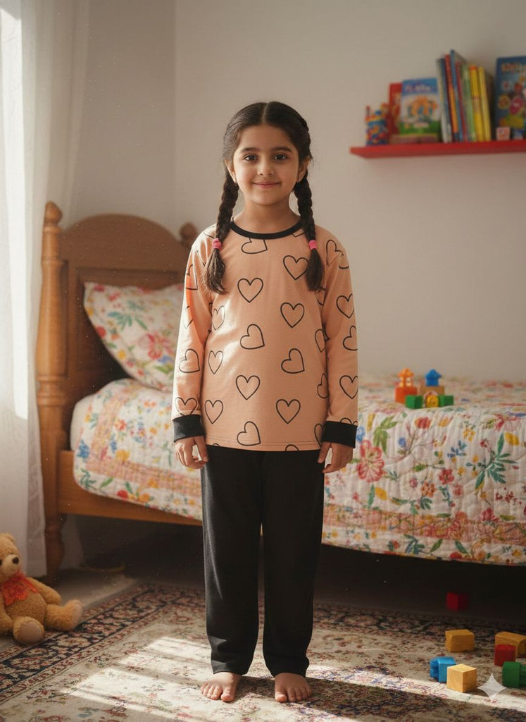 GIRL ORANGE HEART  FULL SLEEVES PJ SET