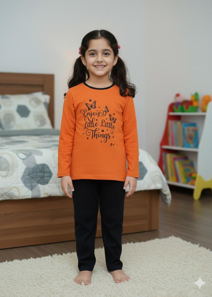 GIRL ORANGE BUTTERFLY FULL SLEEVES PJ SET