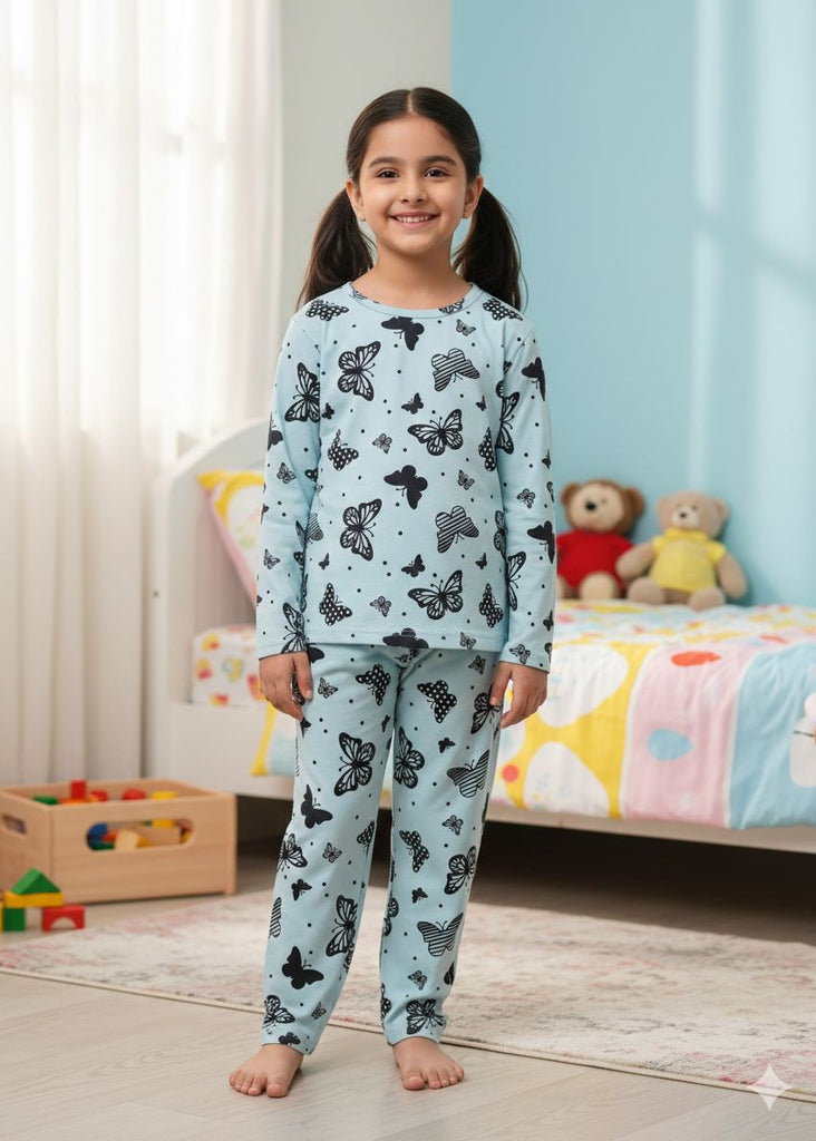 GIRL GRAPHICAL LIGHT  GREY BUTTERFLY   FULL SLEEVES PJ SET