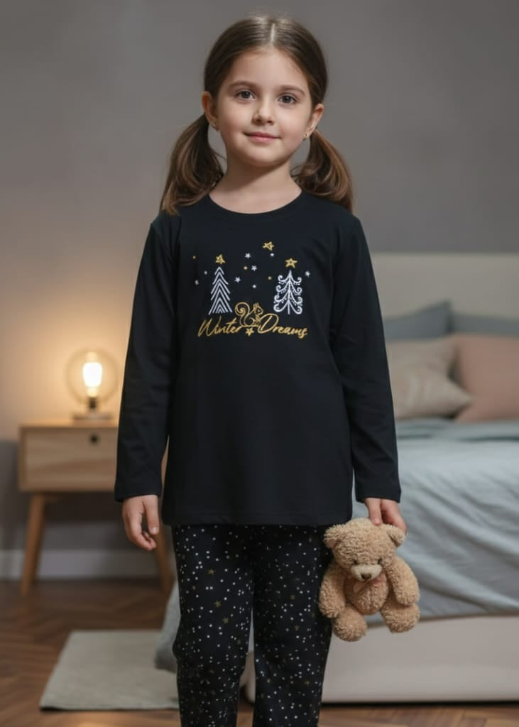 GIRLS BLACK DOTTED FULL SLEEVES PJ SET