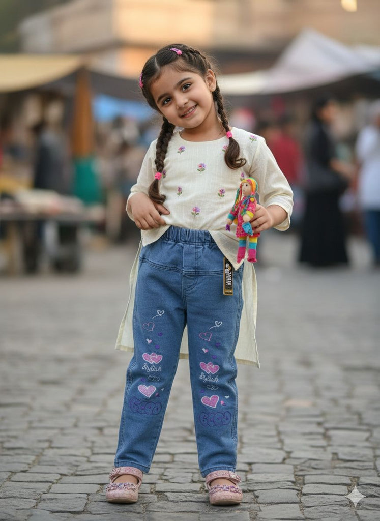 WS- Blue  Sylish Love Embroidery  Denim Jeans