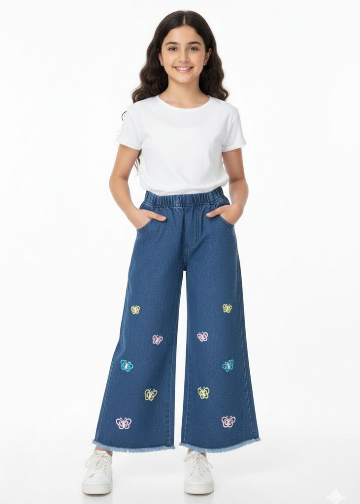 W-BLUE DENIM JEANS WITH BUTTERFLY EMBROIDERY