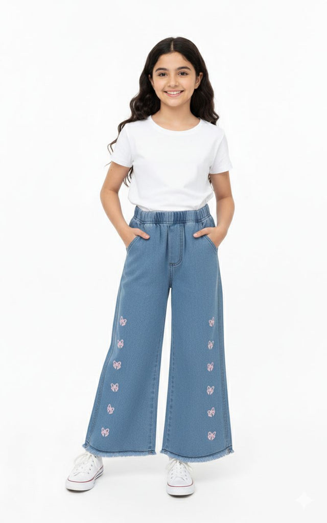 W-LIGHT BLUE DENIM JEANS SIDE BUTTERFLY EMBROIDERY