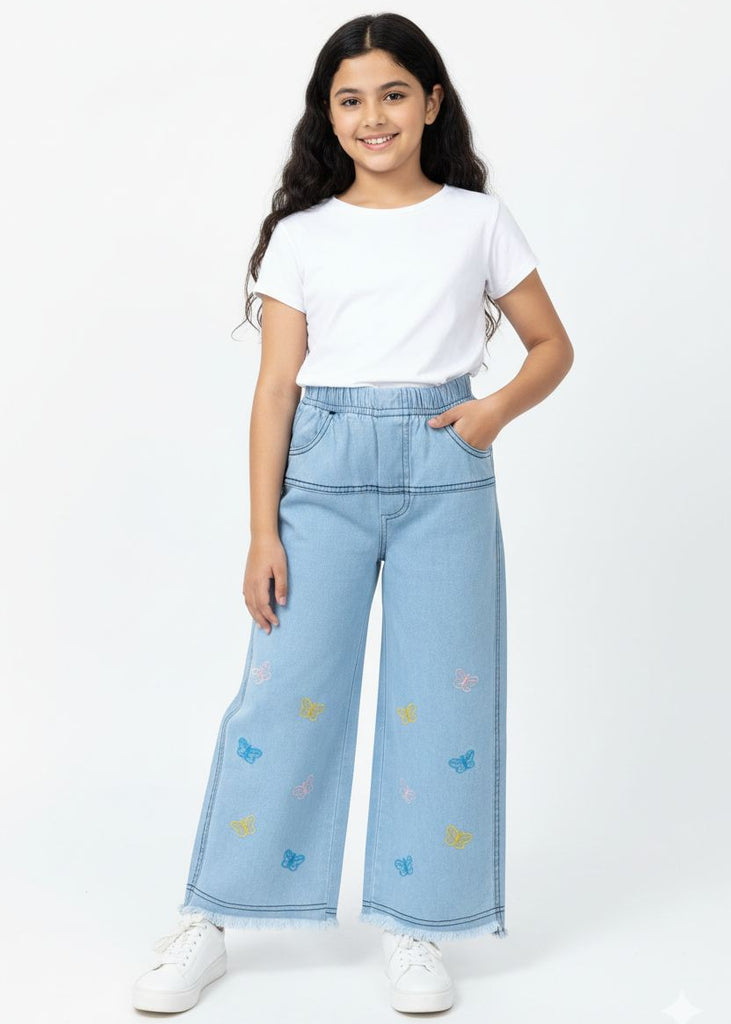 W-LIGHT BLUE DENIM JEANS FRONT COLOURFUL  BUTTERFLY EMBROIDERY