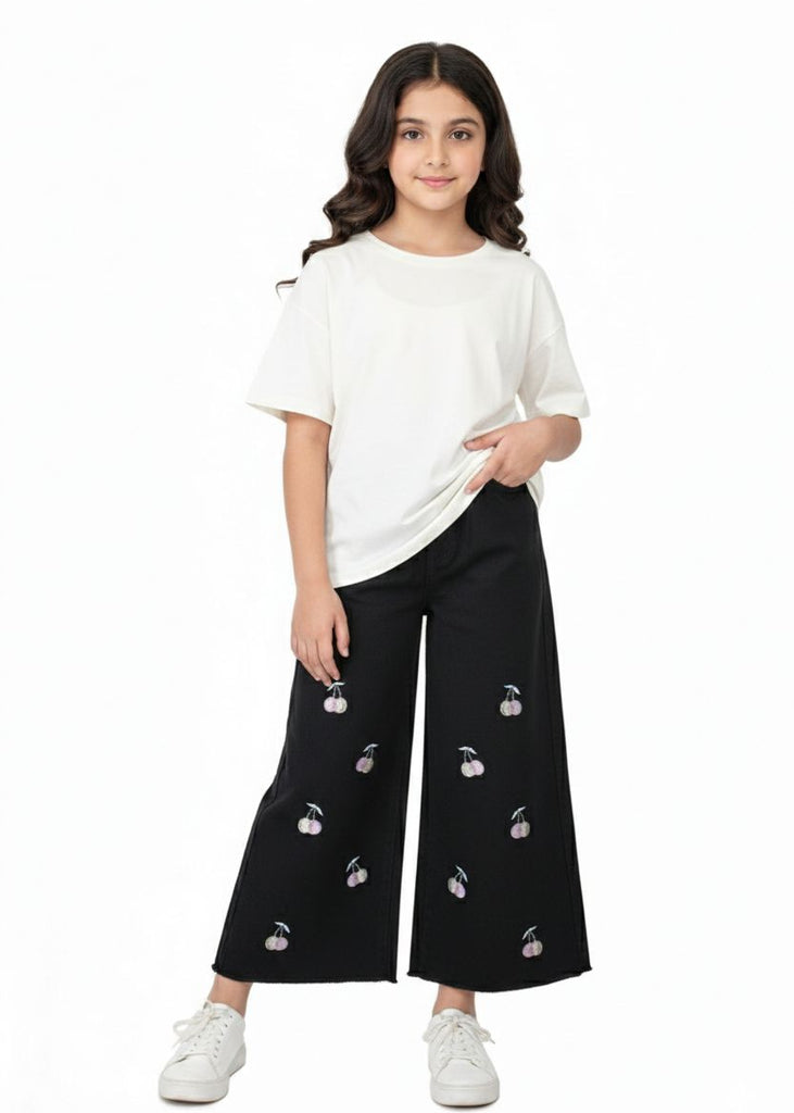 W-BLACKE DENIM JEANS FRONT CHERRY EMBROIDERY