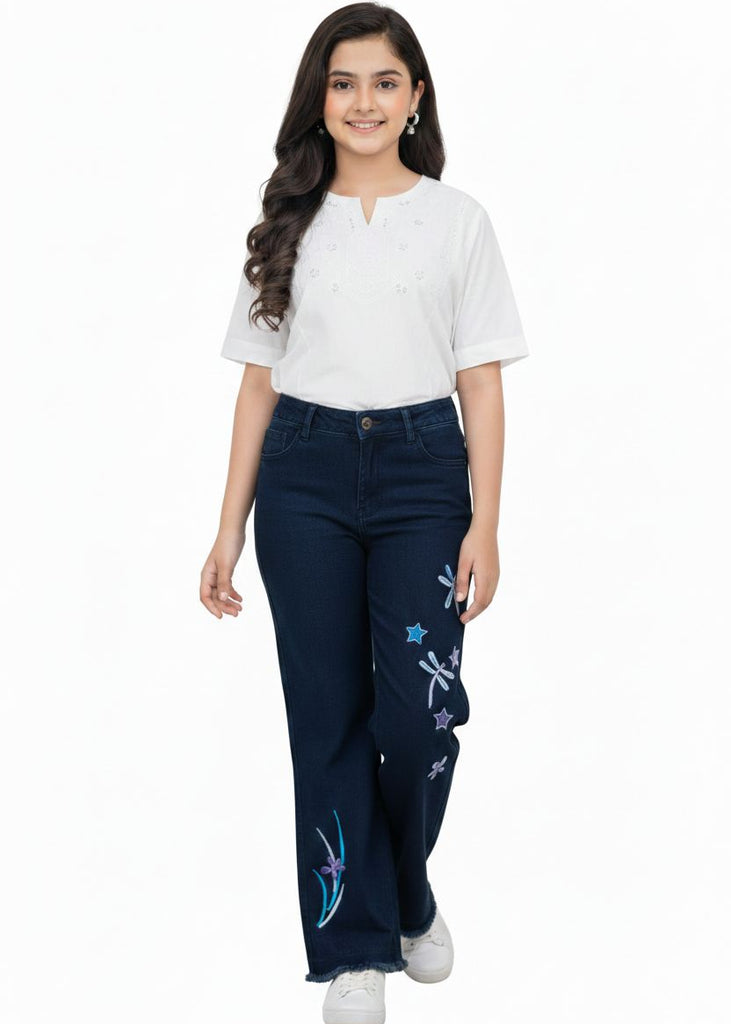 W-BLUE DENIM JEANS WITH STAR EMBRODIERY