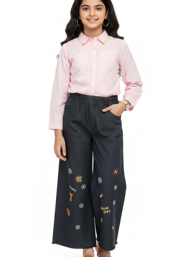 W-BLACK DENIM JEANS WITH GOOD DAY EMBRODIERY