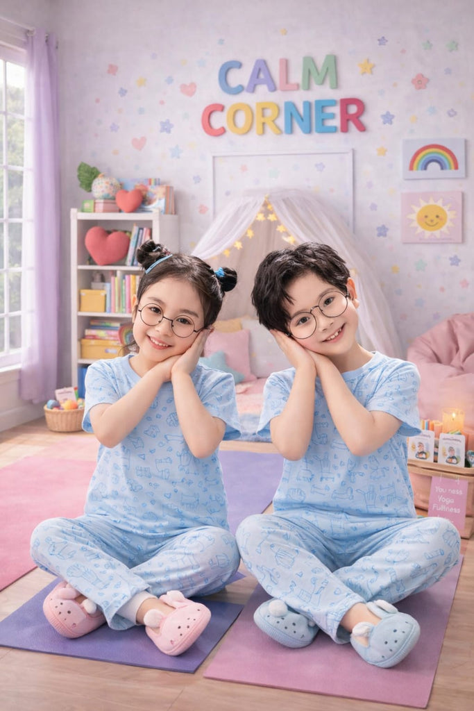 Graphical Light Blue  Nightwear Set – Soft Cotton