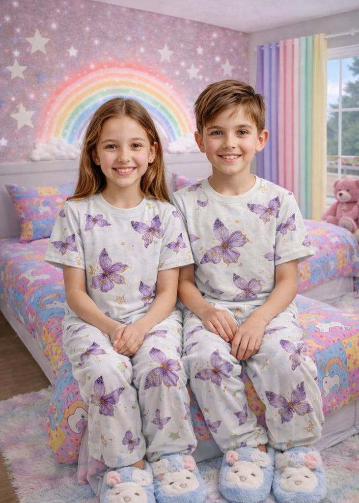 Graphical White Buttefly  Print  Nightwear Set – Soft Cotton
