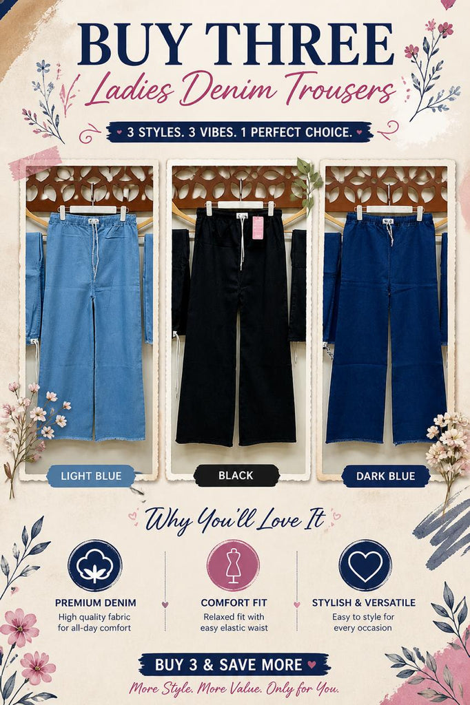 Pack of 3 Dori Elastic Waist DENIM TROUSER ( Teen age Girls and Ladies) (SKY)