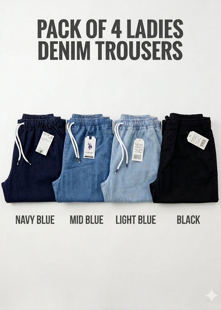 Pack of 4 Dori Elastic Waist DENIM TROUSER ( Teen age Girls and Ladies)