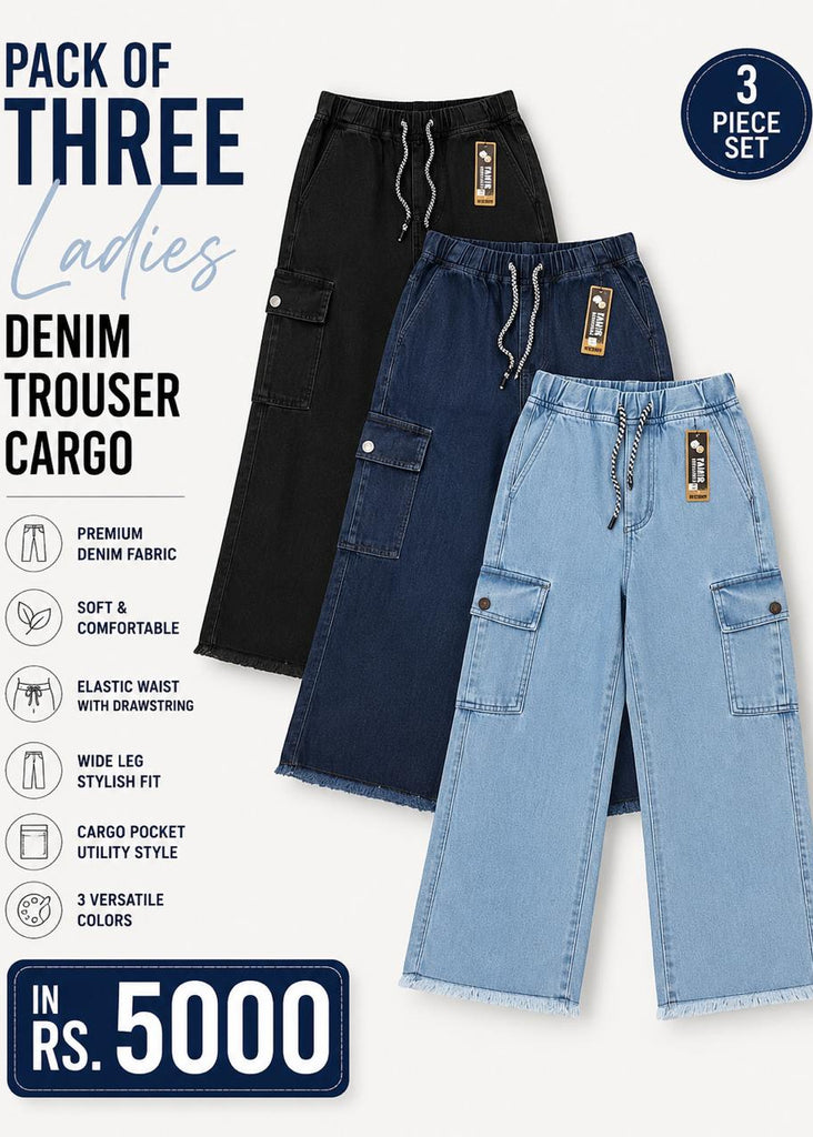 Pack of 3 Dori Elastic Waist DENIM TROUSER CARGO  ( Teen age Girls and Ladies)