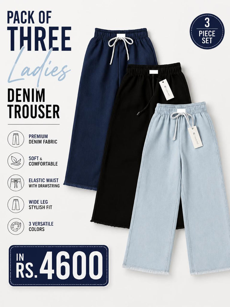Pack of 3 Dori Elastic Waist DENIM TROUSER ( Teen age Girls and Ladies) (ICE)