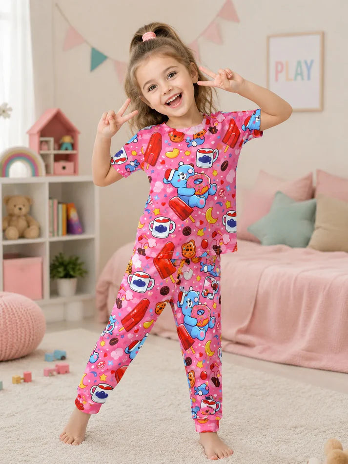 Cute Cartoon Blue Bear, Popsicle & Donut Graphic Kids Suit