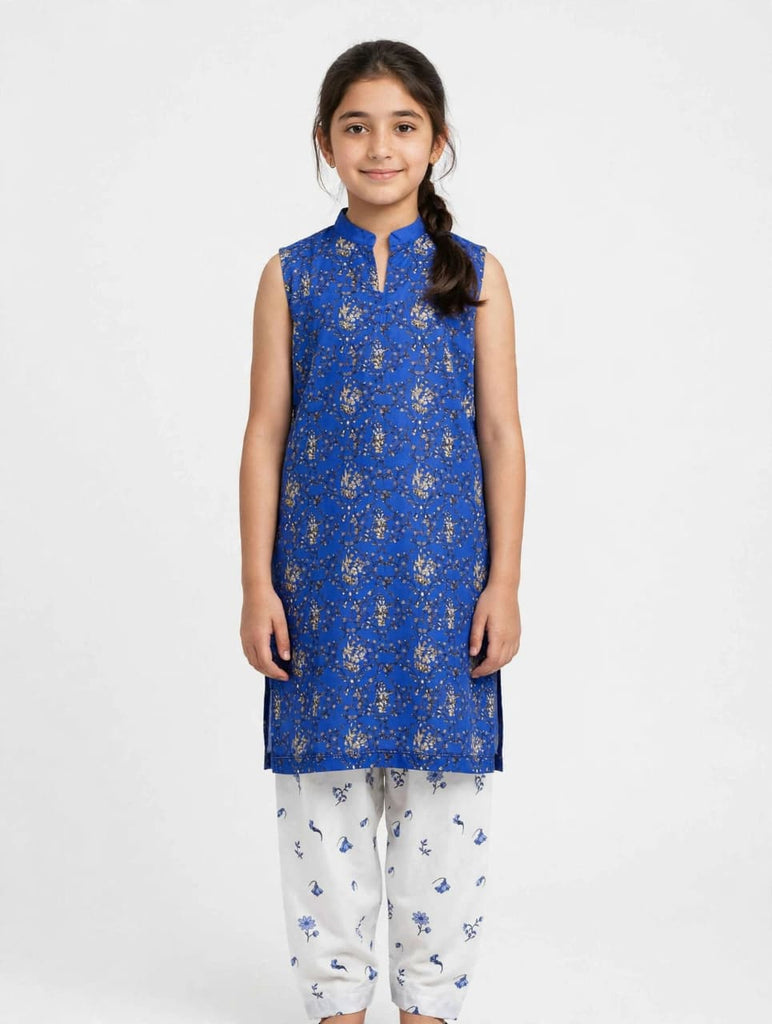 Girls Blue Printed Sleeveless Co Ord Set (Sleeves Included)