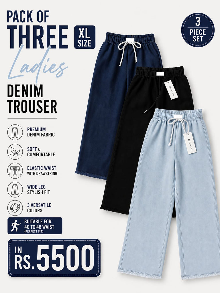 Pack of 3 Dori Elastic Waist DENIM PANTS ( Xl Size  For healthy Women ) (ICE)