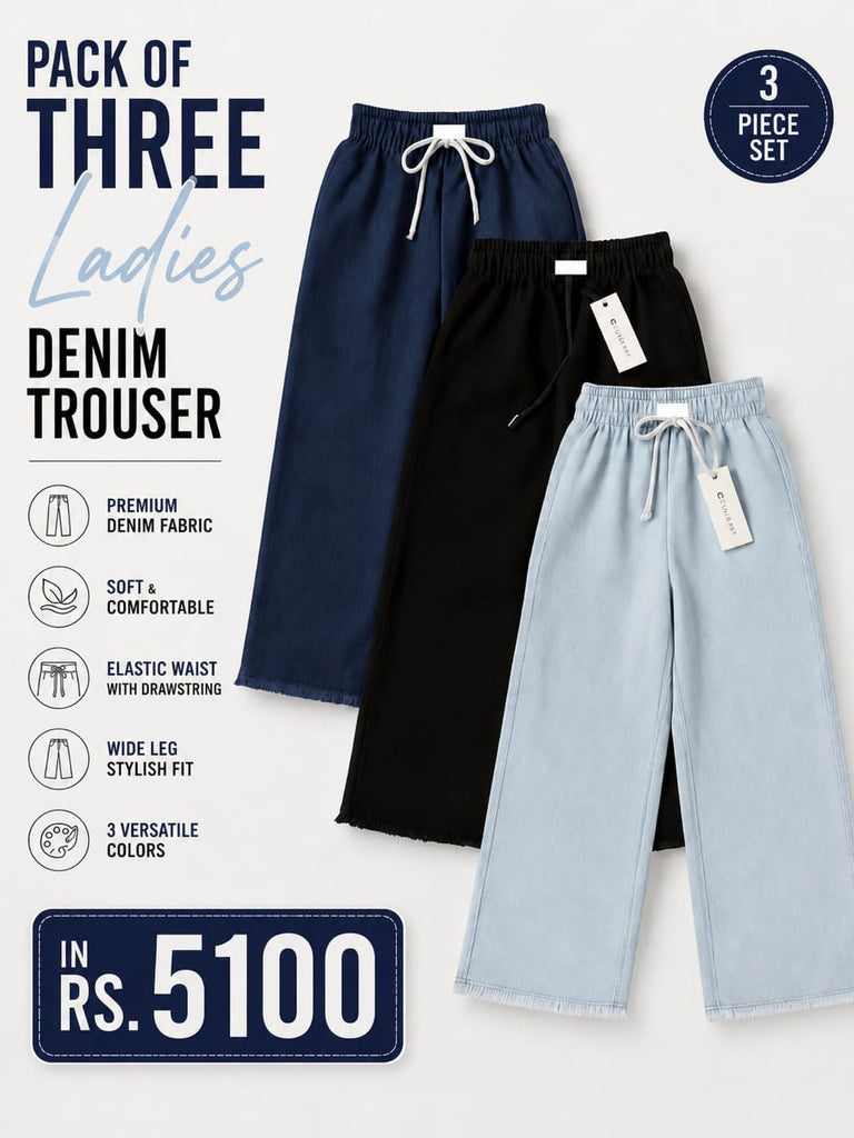 Pack of 3 Dori Elastic Waist DENIM PANTS ( Teen age Girls and Ladies) (ICE)