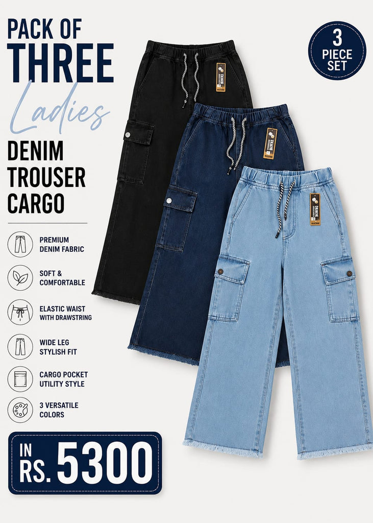 Pack of 3 Dori Elastic Waist DENIM CARGO  ( Teen age Girls and Ladies)