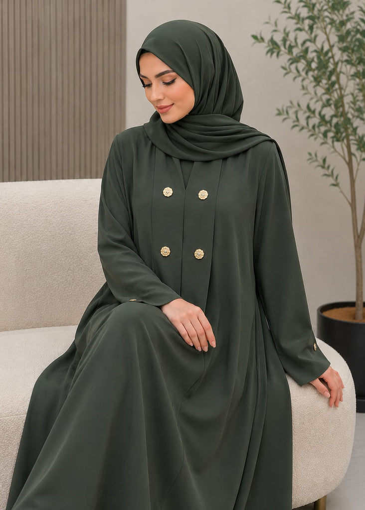 Royal Button Front Abaya Green