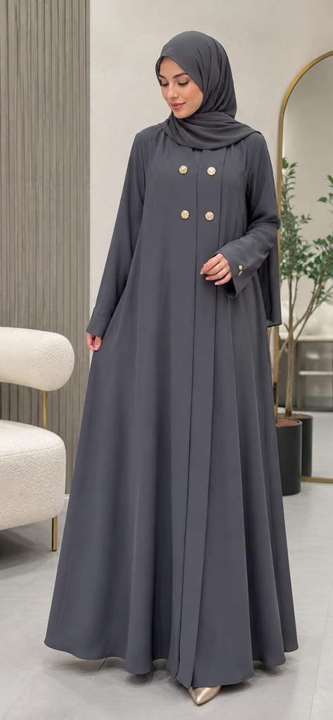 Royal Button Front Abaya Grey
