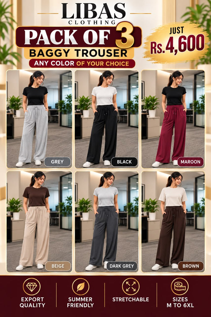 PACK OF THREE BAGGY TROUSER ANY COLOUR OF YOUR CHOICE  IN JUST 4600