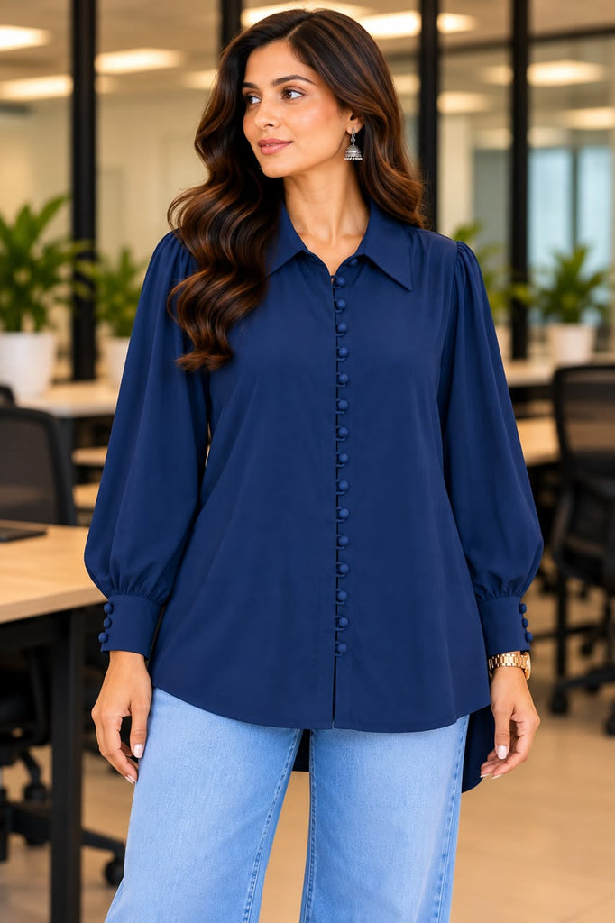 Women Puff Sleeve Button Down shirt  Top | Royal Blue