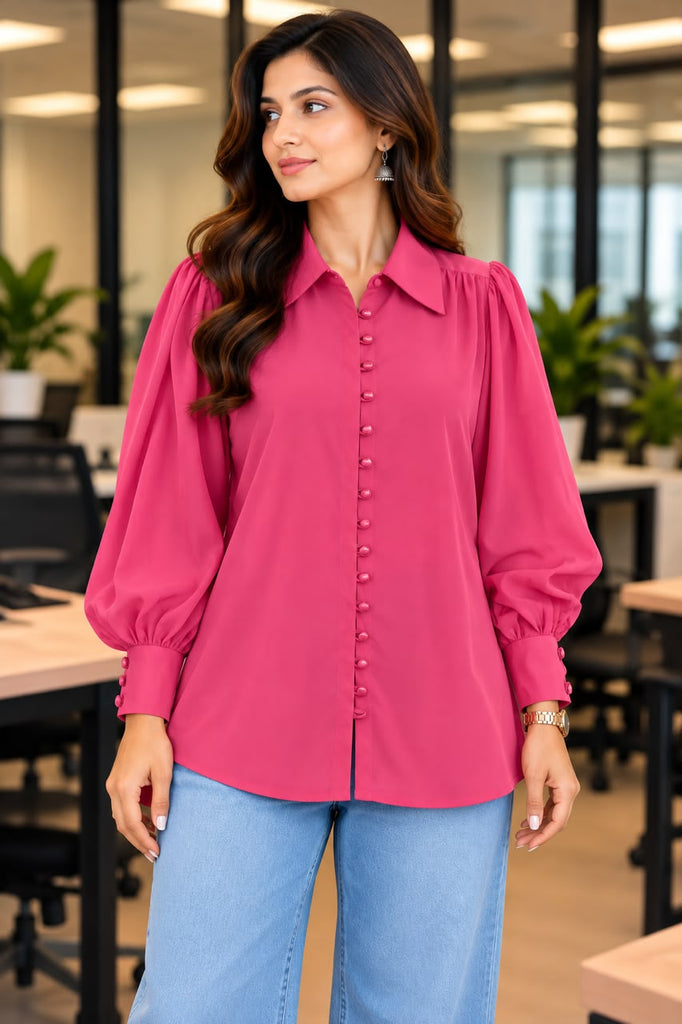 Women Puff Sleeve Button Down shirt  Top | Hot Pink