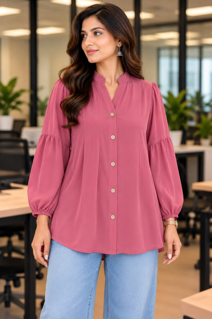 Women Puff Sleeve Button Down shirt  Top | Rose Pink
