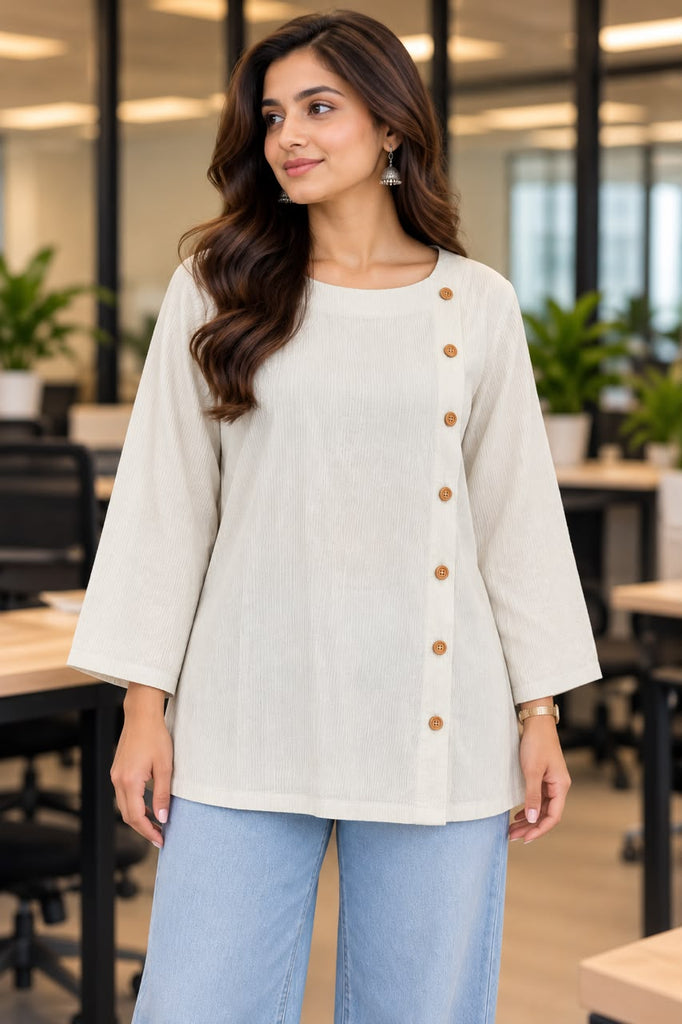 Women Printed manadrian Collar tunic Top   | White