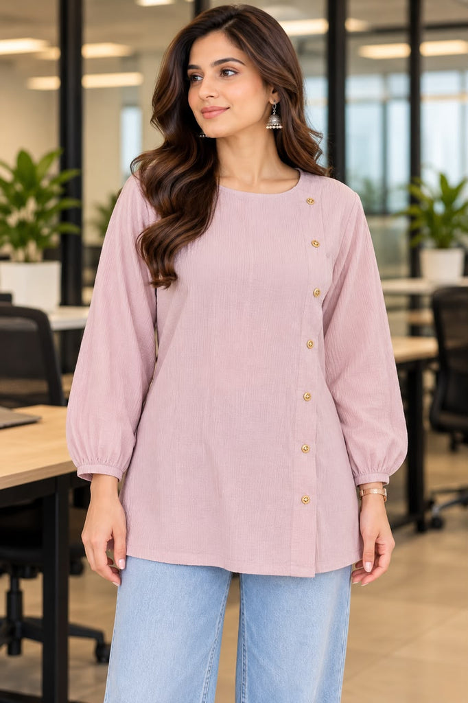 Women Printed manadrian Collar tunic Top   | Dusty Pink