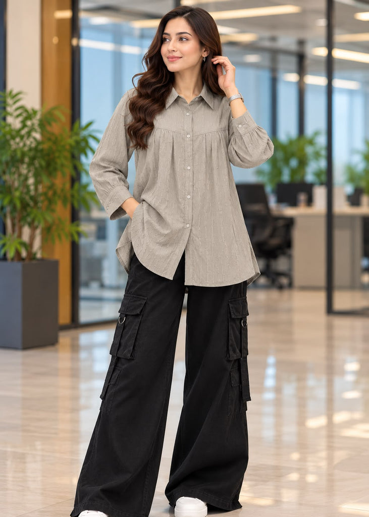 Women Textured Button Top | Taupe  Grey