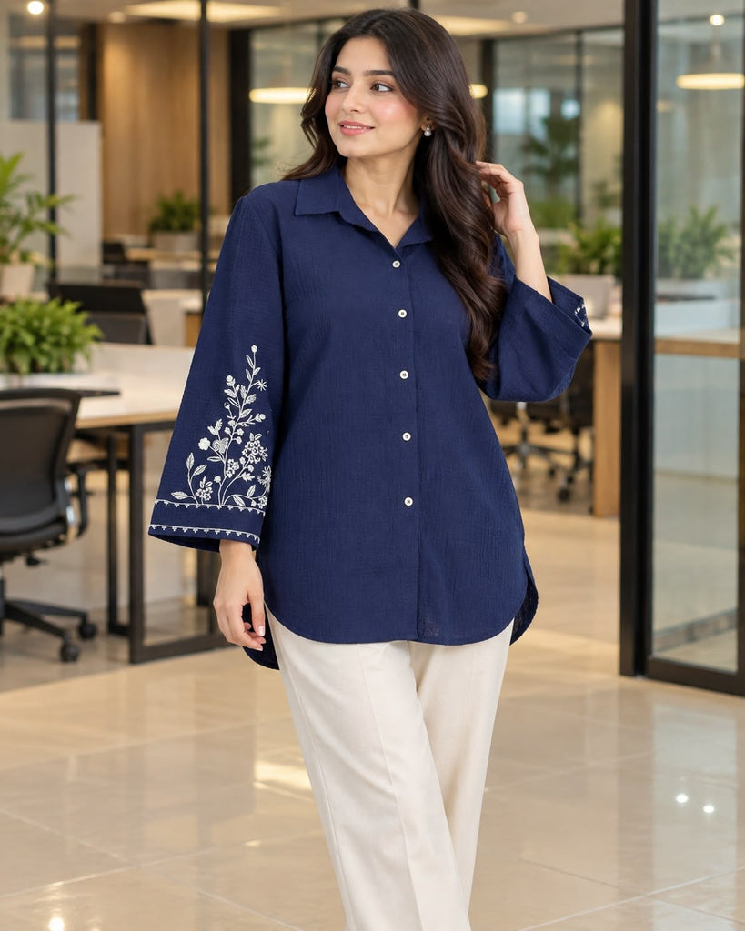 Women Embroidered  Button Down shirt  Top | Navy Blue
