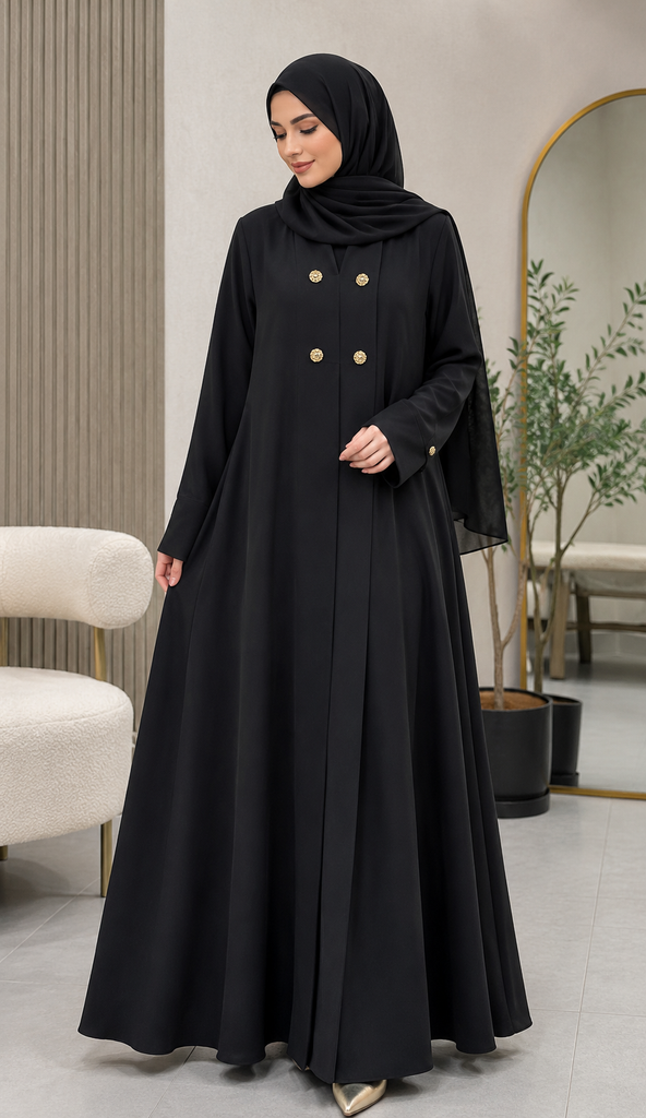 Royal Button Front Abaya Black