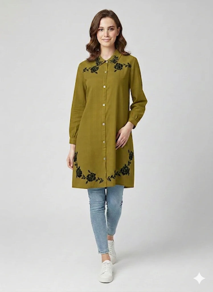 St053 - Olive Green  Long  Embroidered Top
