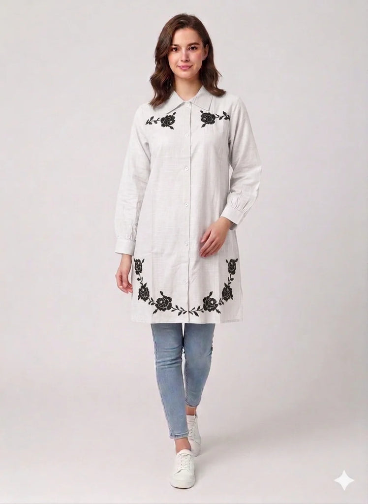 St053 - White  Long  Embroidered Top