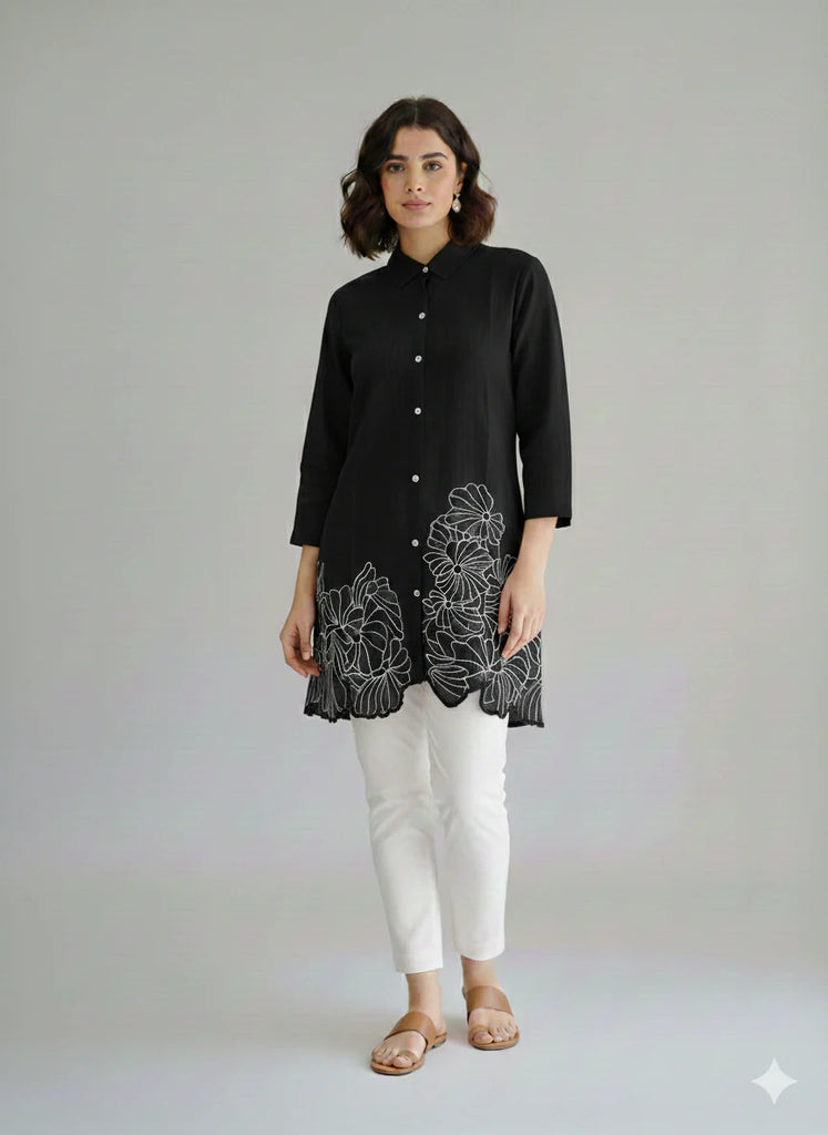 St117- Black Daman Embroiderd Top