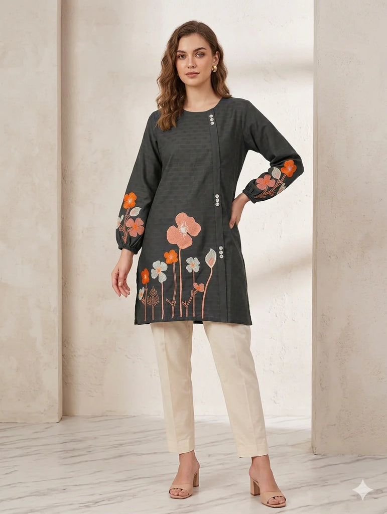 St124- Black Cotton Multi Floral Embroidered Top