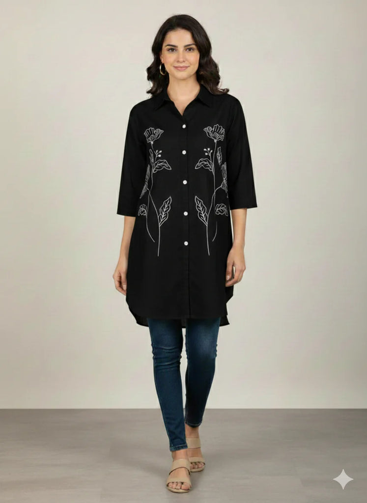St121 - Black Green  Long  Embroidered Top