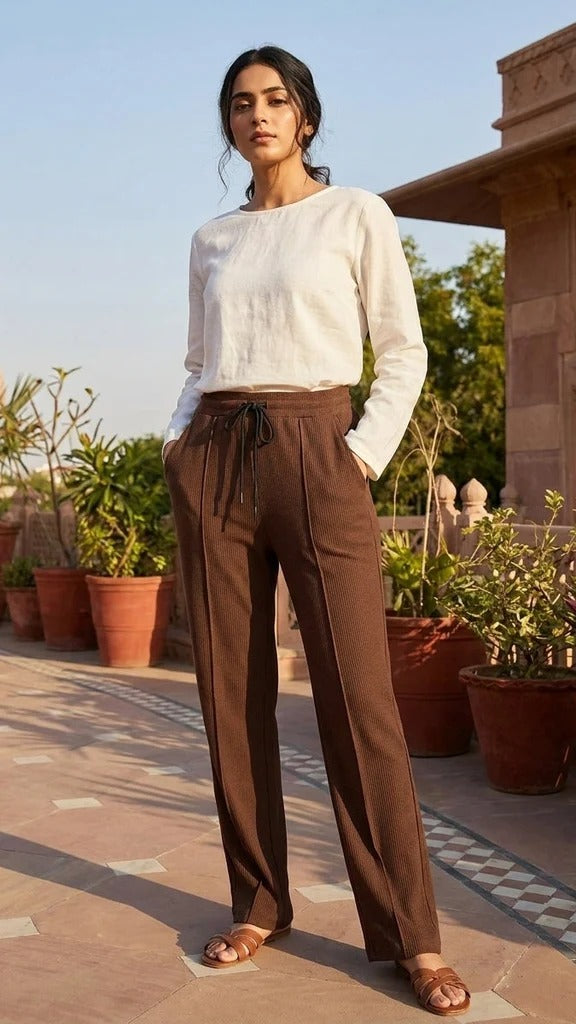 Woman Premium Trousers-Dark Brown ( Stylish Jacquard Weave )