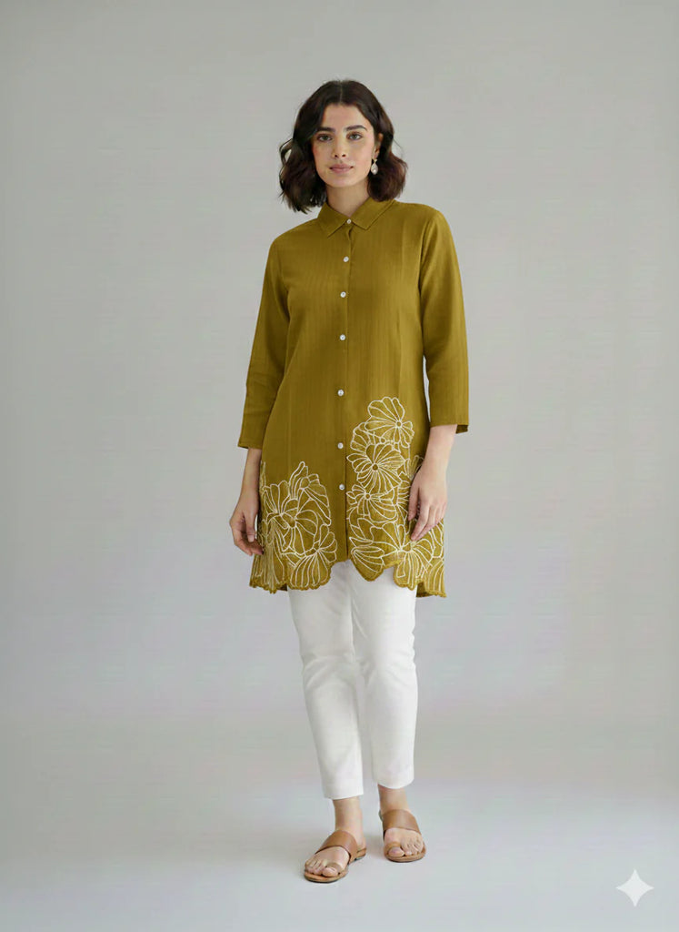 St117- Mehndi Daman Embroiderd Top
