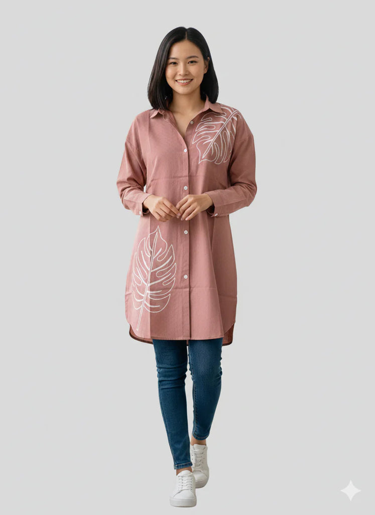 St115- T-pink Embroiderd Leaf Top